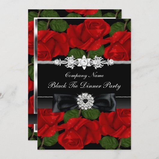 レッドローズ&ボウブラックタイ企業のディナーパーティー 招待状 (正面/裏面)