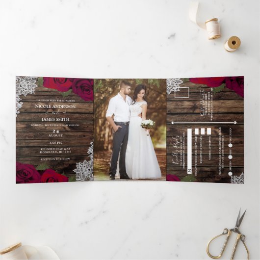 レッドローズ&レースウエレガントィー素朴ド結婚ズ 三つ折り招待状 (内部)