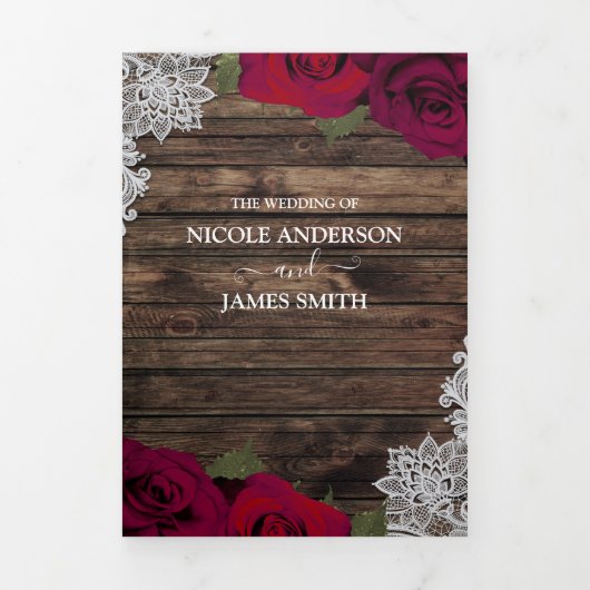 レッドローズ&レースウエレガントィー素朴ド結婚ズ 三つ折り招待状 (カバー)