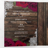 レッドローズ&レースウエレガントィー素朴ド結婚ズ 三つ折り招待状 (内部最初)