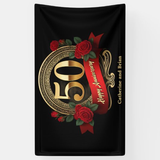 レッドローズ&金ゴールドアクセント50結婚th周年 横断幕 (縦)