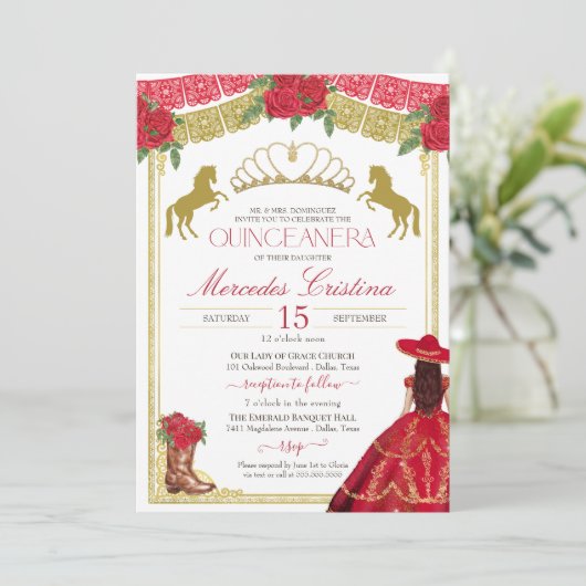 レッドローズ&金ゴールドウエスタンシャーロドレスキンセアニラ 招待状 (スタンド正面)