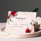 レッドローズ&金ゴールドウォーターカラーウェディングRSVPカード 出欠カード