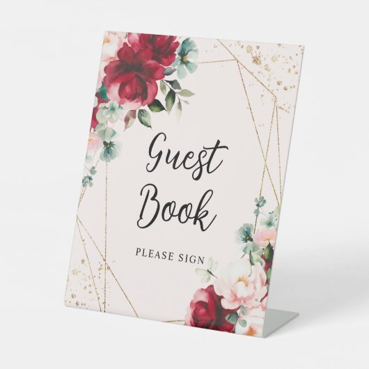 レッドローズ&金ゴールドウォーターカラーシャワーゲストブックサイン 台座サイン (正面)