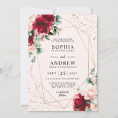 レッドローズ&金ゴールドウォーターカラーフローラ結婚ズ 招待状 (正面)