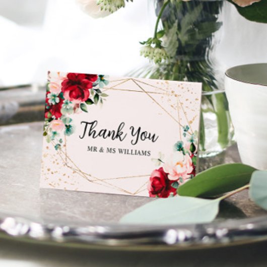 レッドローズ&金ゴールドウォーター結婚カラーのサンキューカード サンキューカード