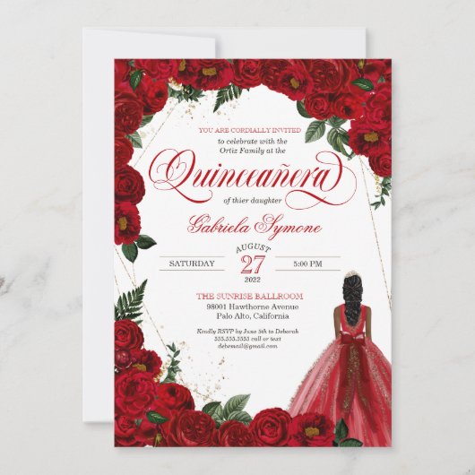 レッドローズ&金ゴールドファンシーレッドボールガウンキンセアニラI 招待状 (正面)