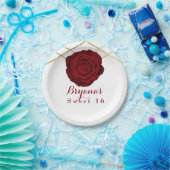 レッドローズ&金ゴールドラインフローラエレガントパーティーカスタム ペーパープレート (パーティー)