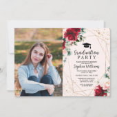 レッドローズ&金ゴールド水彩写真卒業パーティー 招待状 (正面)