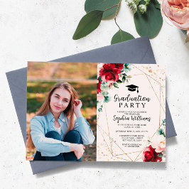 レッドローズ&金ゴールド水彩写真卒業パーティー 招待状