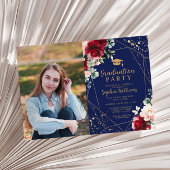 レッドローズ&金ゴールド水彩写真卒業パーティー 招待状