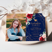 レッドローズ&金ゴールド水彩写真卒業パーティー 招待状