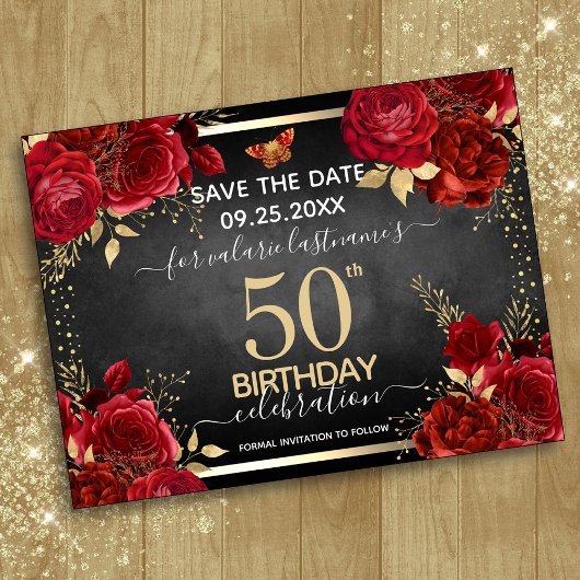 レッドローズ 50歳の誕生日 おめでとう日程保存 ポストカード