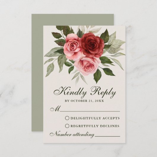 レッドローゼウォーターカラーボタニカルウェディングRSVPカード アドバイスカード (正面/裏面)