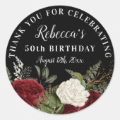レッドローゼオンブラック50誕生日サンキュービッグ ラウンドシール (正面)