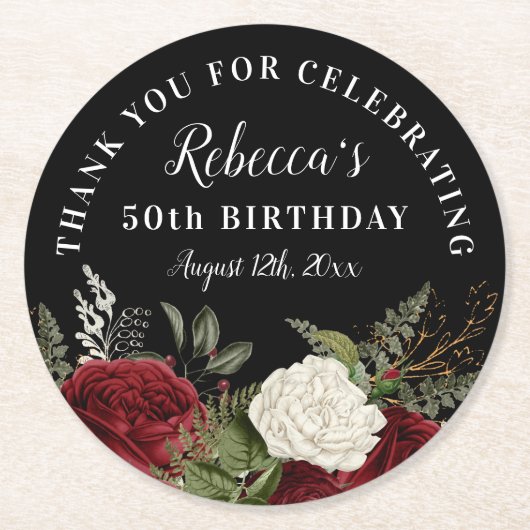 レッドローゼオンブラック50誕生日サンキュービッグ ラウンドペーパーコースター (正面)