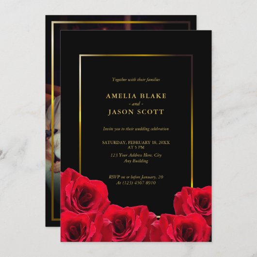 レッドローゼオンブラック | 金ゴールドフレーム(写真結婚付) 招待状 (正面/裏面)