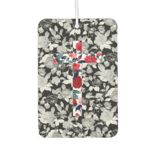 レッドローゼクロス&白黒フローラルパターン カーエアーフレッシュナー