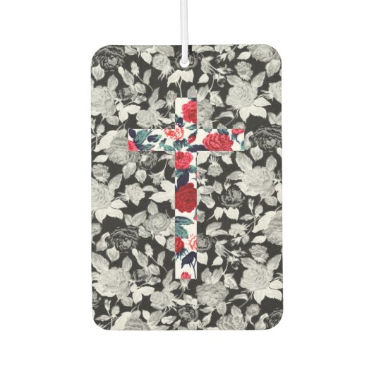 レッドローゼクロス&白黒フローラルパターン カーエアーフレッシュナー (正面)