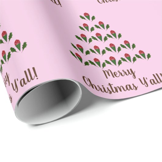 レッドローゼグリーンホリークリスマスツリー&ウィッシュ,ピンク ラッピングペーパー (ロールコーナー)