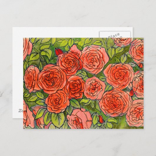 レッドローゼグリーン葉バラガーデンフローラスケッチ ポストカード (正面/裏面)