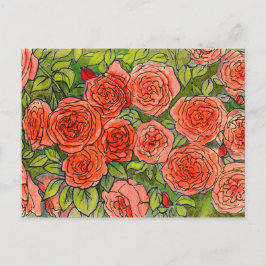 レッドローゼグリーン葉バラガーデンフローラスケッチ ポストカード
