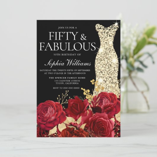 レッドローゼゴールデンガウン黒50thバースデーパーティー 招待状 (スタンド正面)