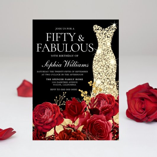 レッドローゼゴールデンガウン黒50thバースデーパーティー 招待状