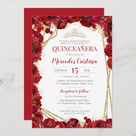 レッドローゼスと金ゴールドキンセアニェラウィズティアラ 招待状 (正面/裏面)