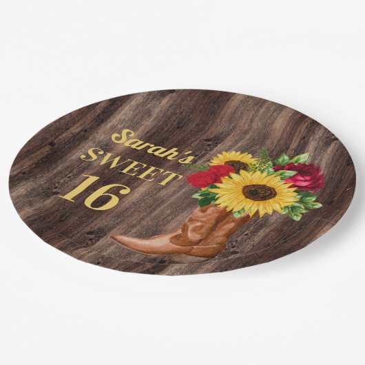 レッドローゼスサンフラワーズカウボーイブーツスウィート16 ペーパープレート (アングル)