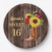 レッドローゼスサンフラワーズカウボーイブーツスウィート16 ペーパープレート (正面)