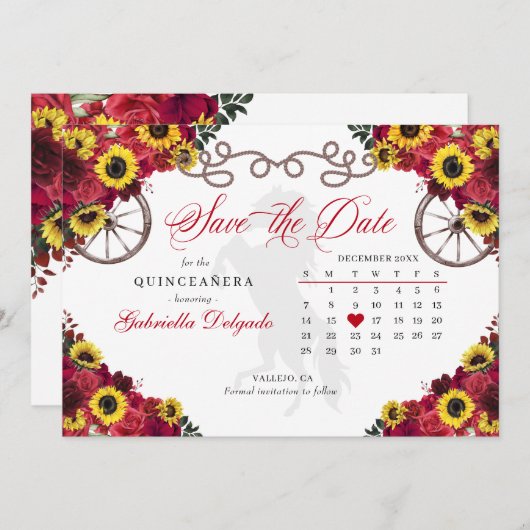 レッドローゼスサンフラワーズキンセニェラ日付を保存 招待状 (正面/裏面)