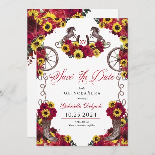 レッドローゼスサンフラワーズデイトクインセアニラを保存 招待状 (正面/裏面)