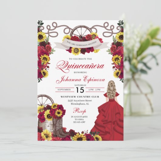 レッドローゼスサンフラワーズ女性のカーボーイウェスタンキンセアニェラ 招待状 (スタンド正面)