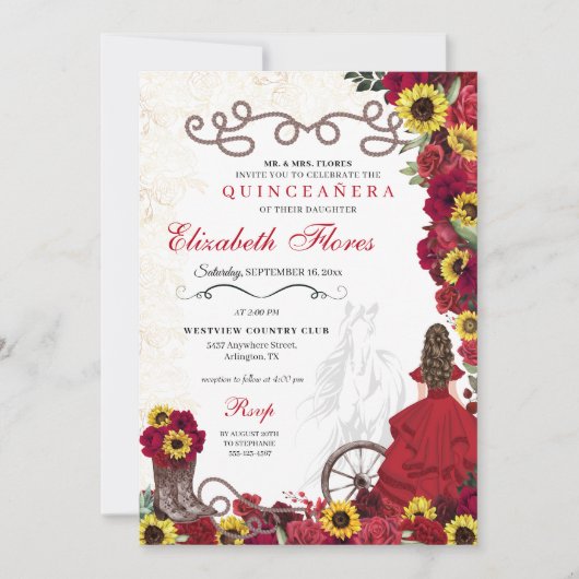 レッドローゼスサンフラワーズ女性のカーボーイウェスタンキンセアニェラ 招待状 (正面)