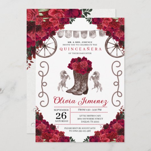 レッドローゼスシルバーウェスタン女性のカーボーイブーツキンセアニェラ 招待状 (正面/裏面)