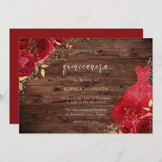 レッドローゼススパークルドレス素朴キンセアニェラパーティー 招待状 (正面/裏面)