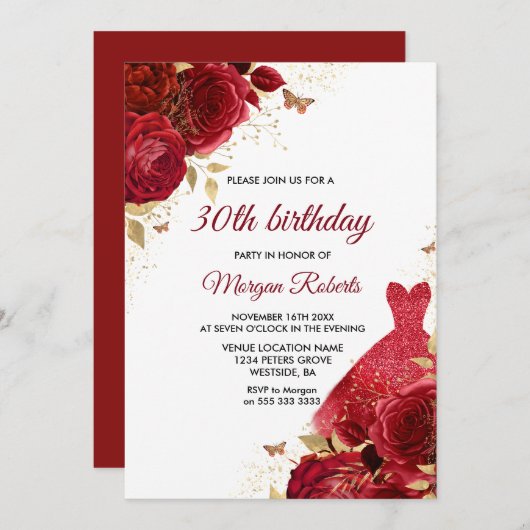 レッドローゼススパークルドレス30th誕生日パーティー 招待状 (正面/裏面)