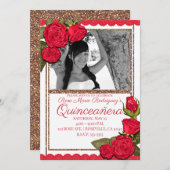 レッドローゼスバラ金ゴールドグリッターキンセアニラ誕生日 招待状 (正面/裏面)