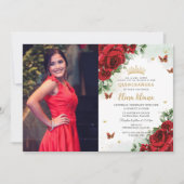 レッドローゼスフローラチョウチョウQuinceanera Sweet 16 招待状 (正面)