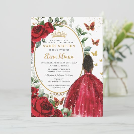 レッドローゼスフローラドレス金ゴールドキンセアニラスウィート16 招待状 (スタンド正面)