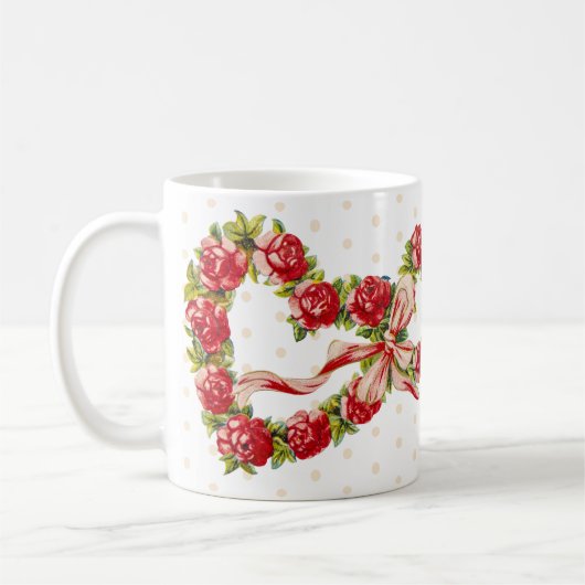 レッドローゼスフローラハートエレガントリースかわいいヴィンテージ コーヒーマグカップ (左)