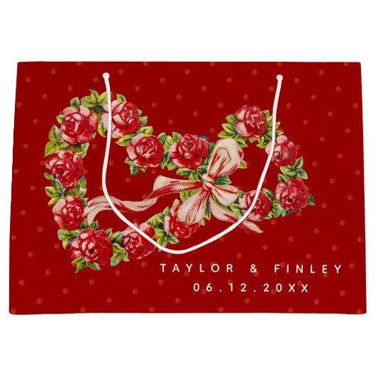 レッドローゼスフローラハートエレガントリースかわいいヴィンテージ ラージペーパーバッグ (正面)