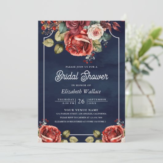 レッドローゼスフローラ写真QRコードネイビーブライダルシャワー 招待状 (スタンド正面)