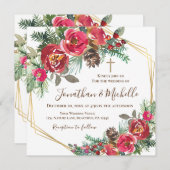 レッドローゼスフローラ金ゴールドクロスクリスチャン結婚ズ 招待状 (正面/裏面)