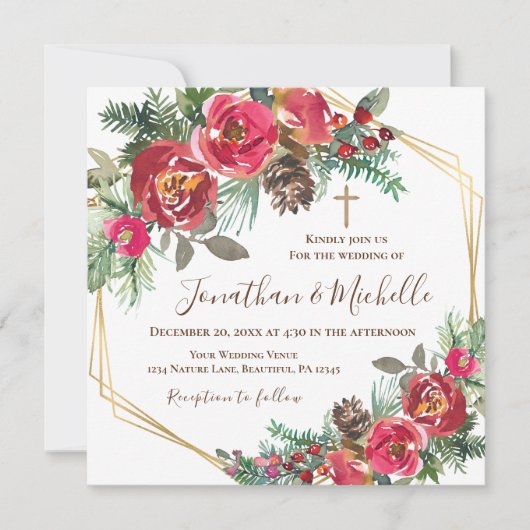 レッドローゼスフローラ金ゴールドクロスクリスチャン結婚ズ 招待状 (正面)