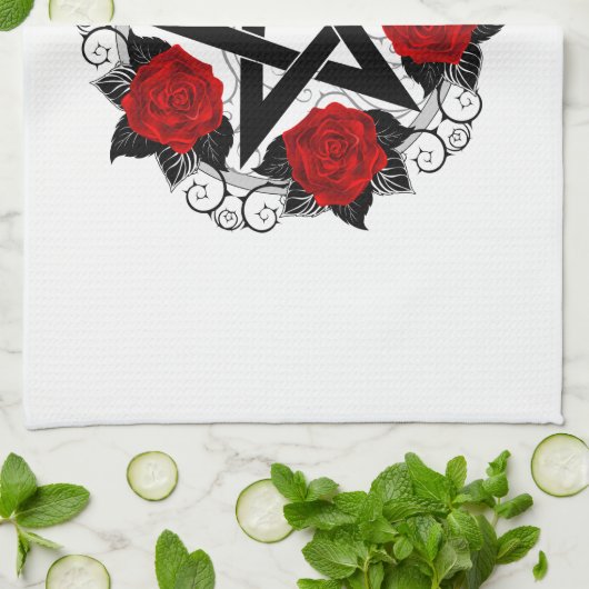 レッドローゼス付きペンタグラム キッチンタオル (折り畳み)