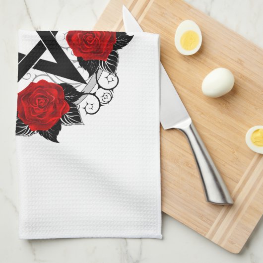 レッドローゼス付きペンタグラム キッチンタオル (四つ折り)