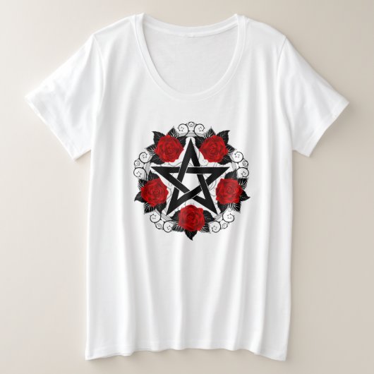 レッドローゼス付きペンタグラム プラスサイズTシャツ (デザイン正面)