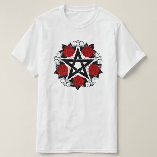 レッドローゼス付きペンタグラム Tシャツ (デザイン正面)